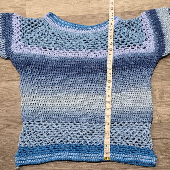 Handmade Crochet Blue Granny Square Knit Short Sleeve Shirt - Picture 4 of 6